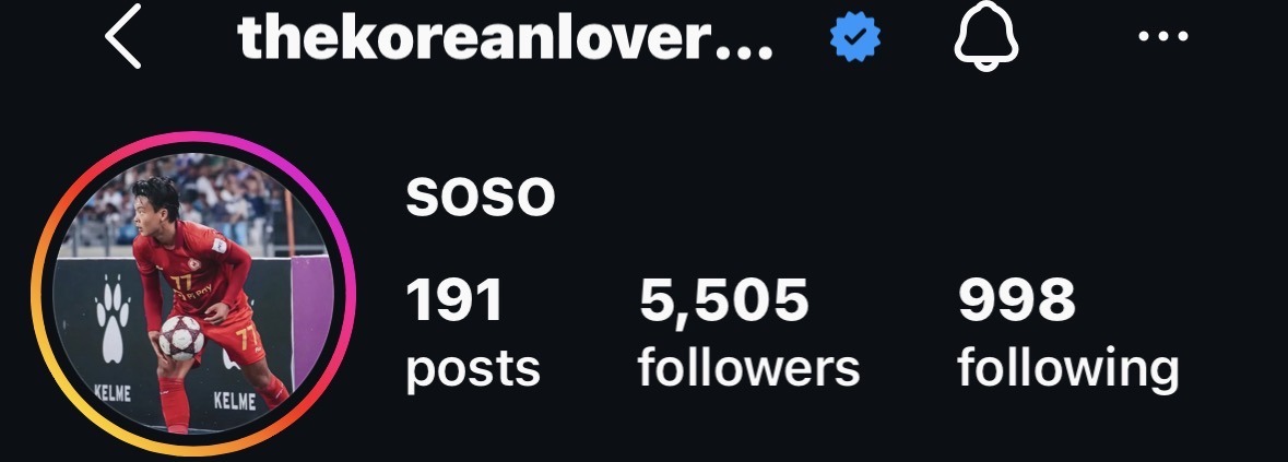 Soso’s verified Instagram profile, @thekoreanloverboy, with 5,505 followers
